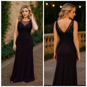 Adrianna Papell Purple Black Beaded Lace Maxi Gown Dress Size 4